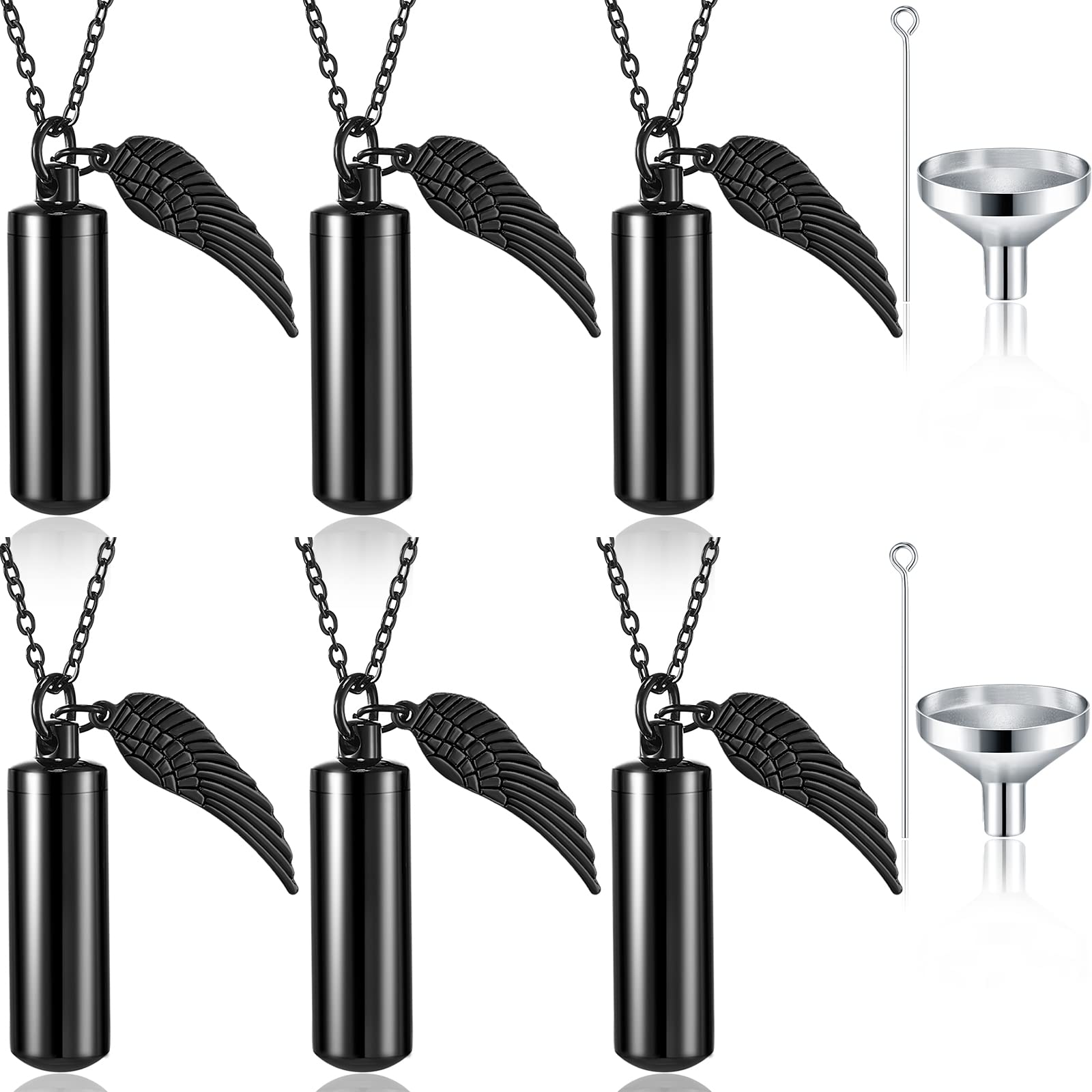 MTLEE Urn Necklace for Ashes Cremation Jewelry for Ashes, 6 Pieces Stainless Steel Cremation Jewelry for Women Men, Memorial Necklace Angel Keepsake Cylinder Pendant with Filling Kit (Black)