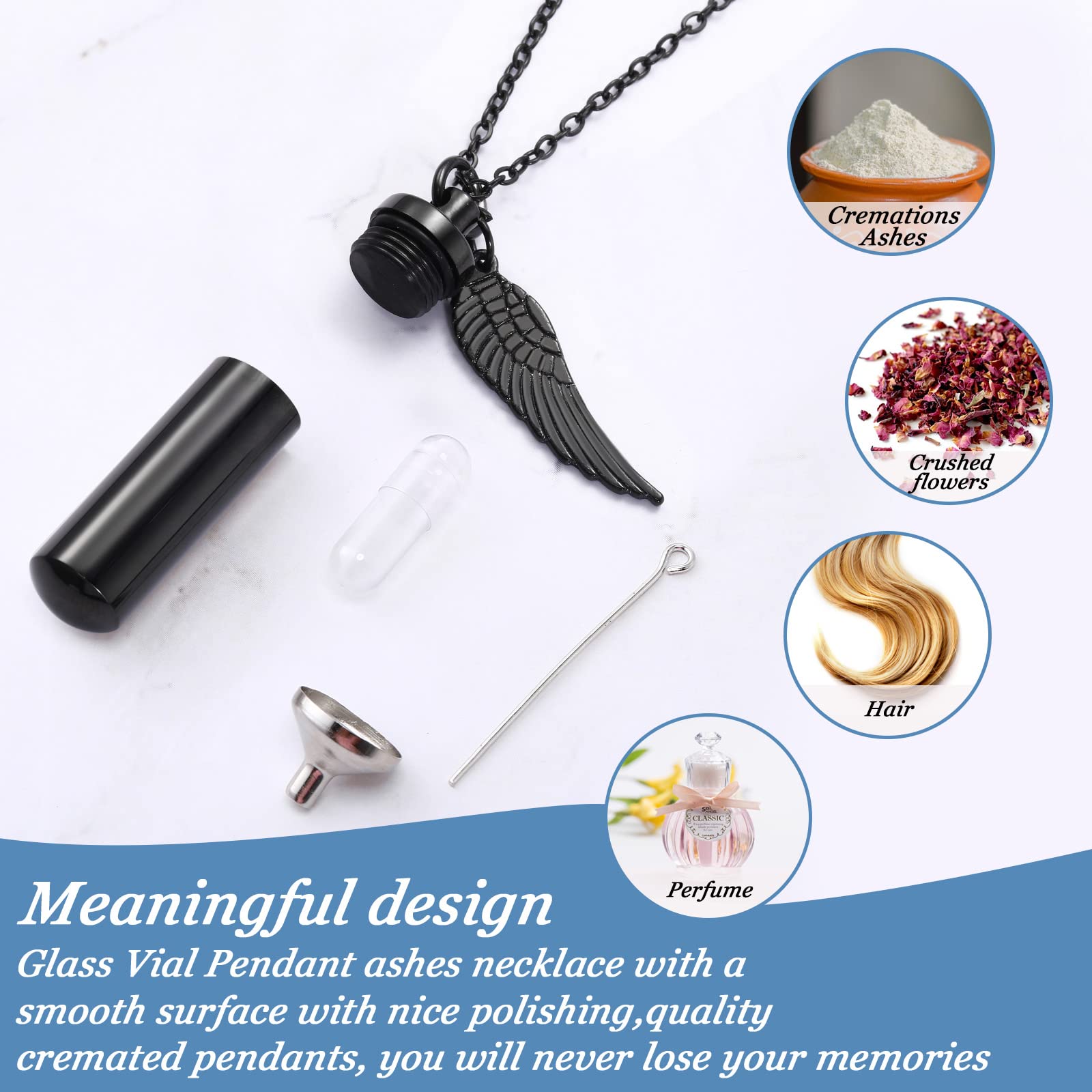 MTLEE Urn Necklace for Ashes Cremation Jewelry for Ashes, 6 Pieces Stainless Steel Cremation Jewelry for Women Men, Memorial Necklace Angel Keepsake Cylinder Pendant with Filling Kit (Black)