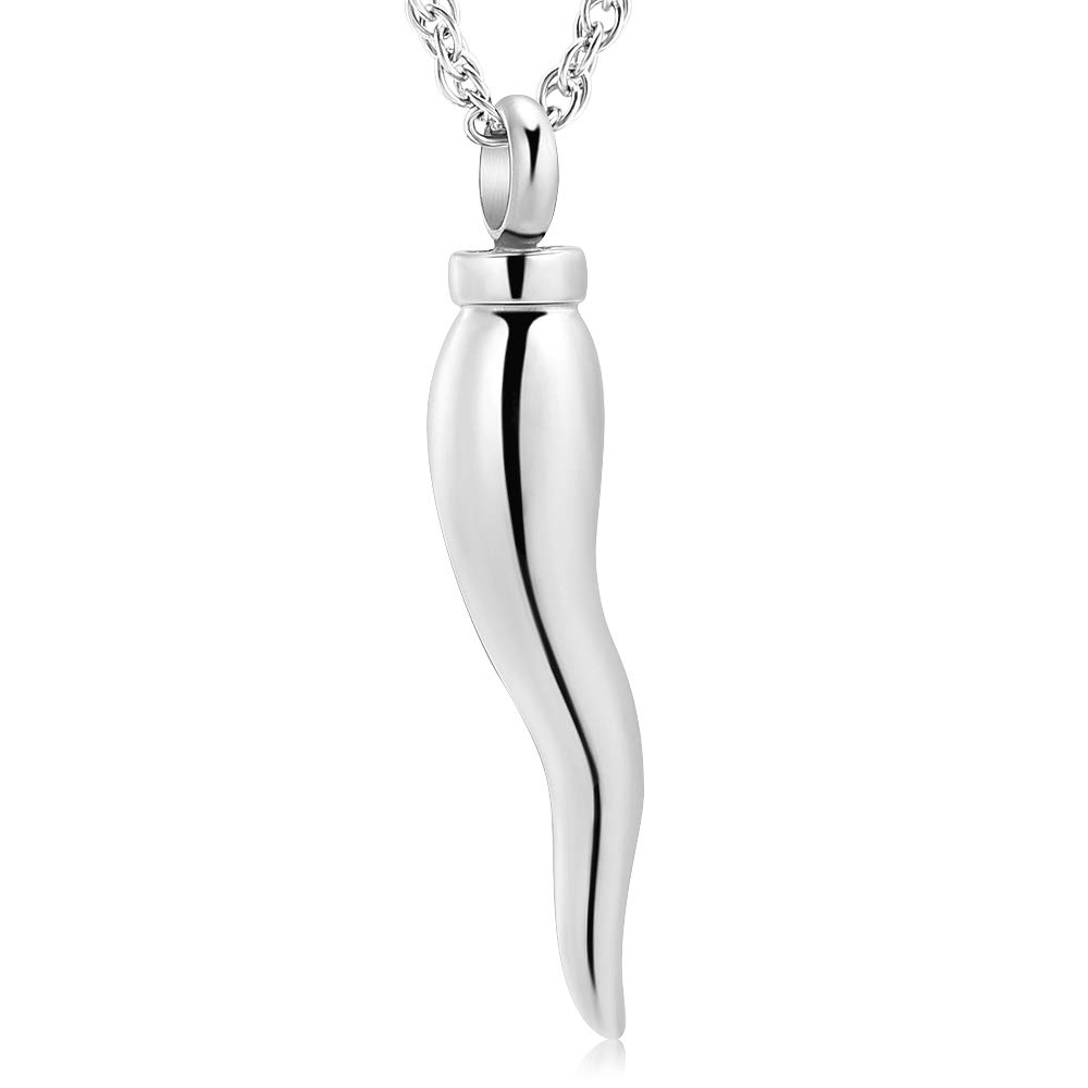 shajwo Cremation Jewelry for Ashes Italian Horn Shape Urn Pendant Necklaces for Ashes Memorial Keepsake Necklace Jewelry for Men Women (Silver)