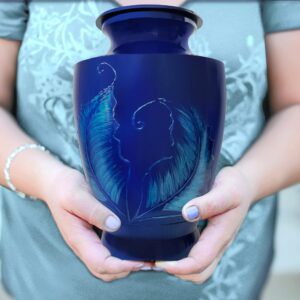 Blue Feather Cremation Urn for Human Ashes, Urns for Adult Ashes, Funeral & Burial Urns for Adult Male and Female, Large Size up to 220 Lbs