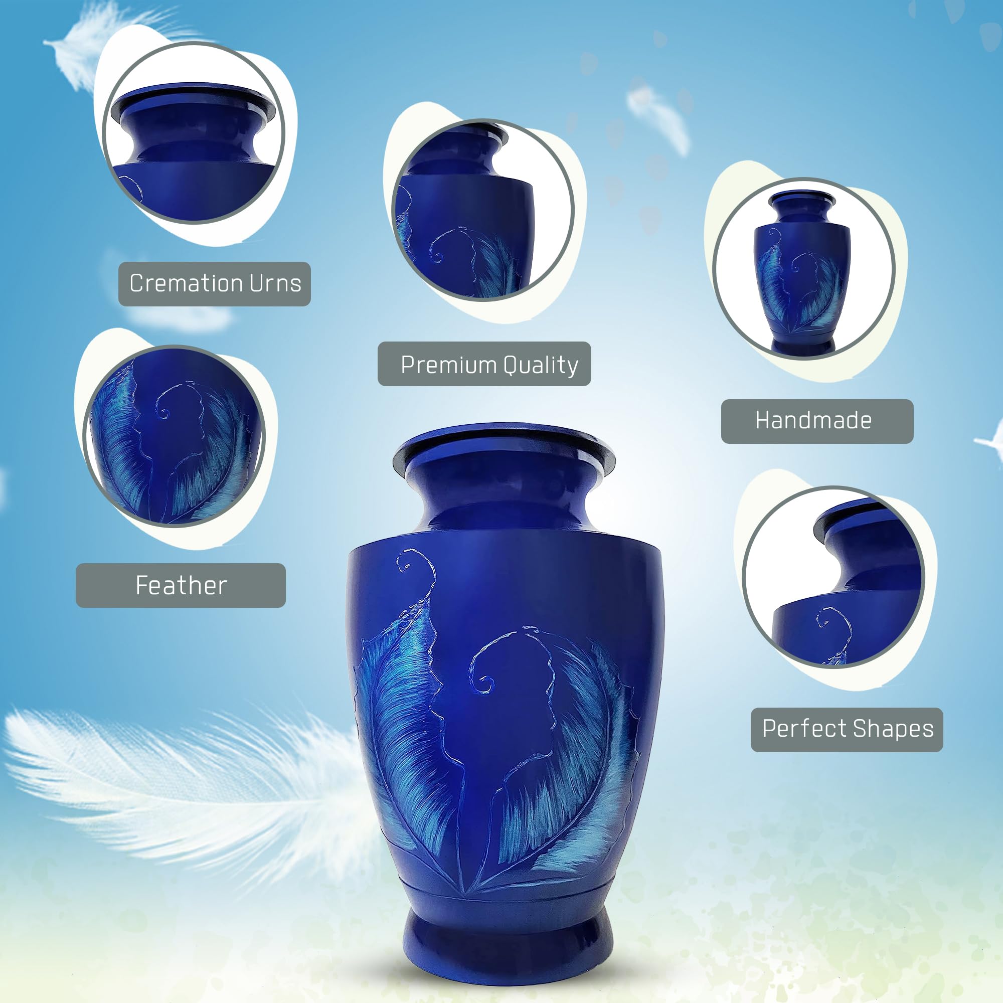 Blue Feather Cremation Urn for Human Ashes, Urns for Adult Ashes, Funeral & Burial Urns for Adult Male and Female, Large Size up to 220 Lbs