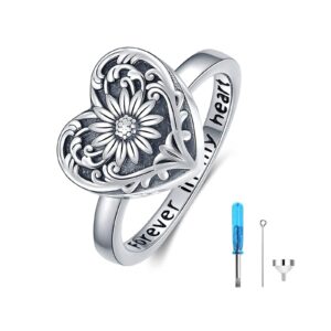 SOULMEET Sunflower Locket Urn Ring That Holds Loved Ones Ashes Sterling Silver Personalized Locket Band Keepsake Memorial Jewelry Cremation Rings for women Size 8