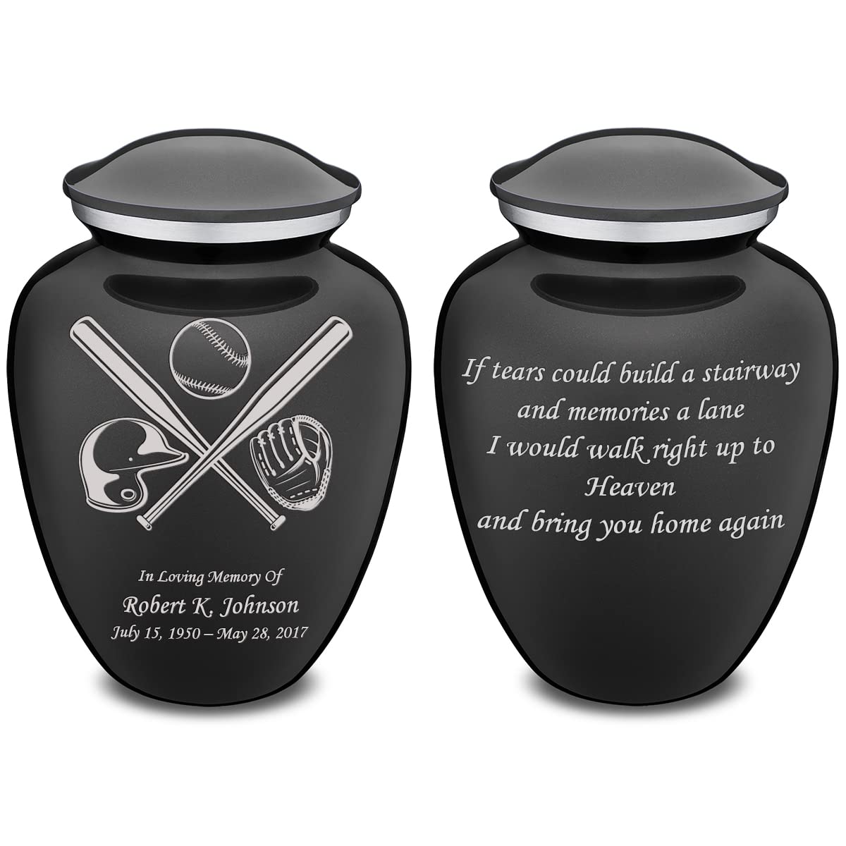 GetUrns Embrace Personalized Baseball Adult Cremation Urn with Custom Text Engraving for Human Ashes for Funeral, Burial, Niche or Columbarium– 200 Cubic Inches–Urns for Ashes (_Charcoal Double Sided)