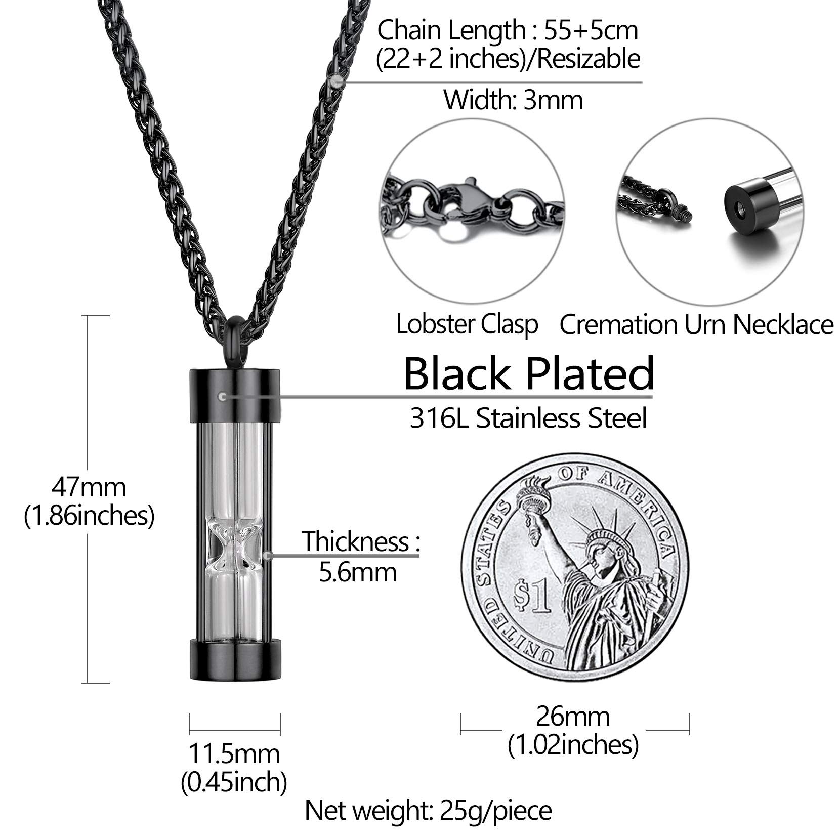 Richsteel Black Hourglass Cremation Jewelry for Ashes Grandma Husband Dog Urn Pendant Necklace with Spiga Chain 22''