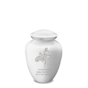 geturns embrace personalized dirt bike medium cremation urn with custom text engraving for human ashes for funeral, burial, niche or columbarium cremation–44 cubic inches –small urns for ashes (white)