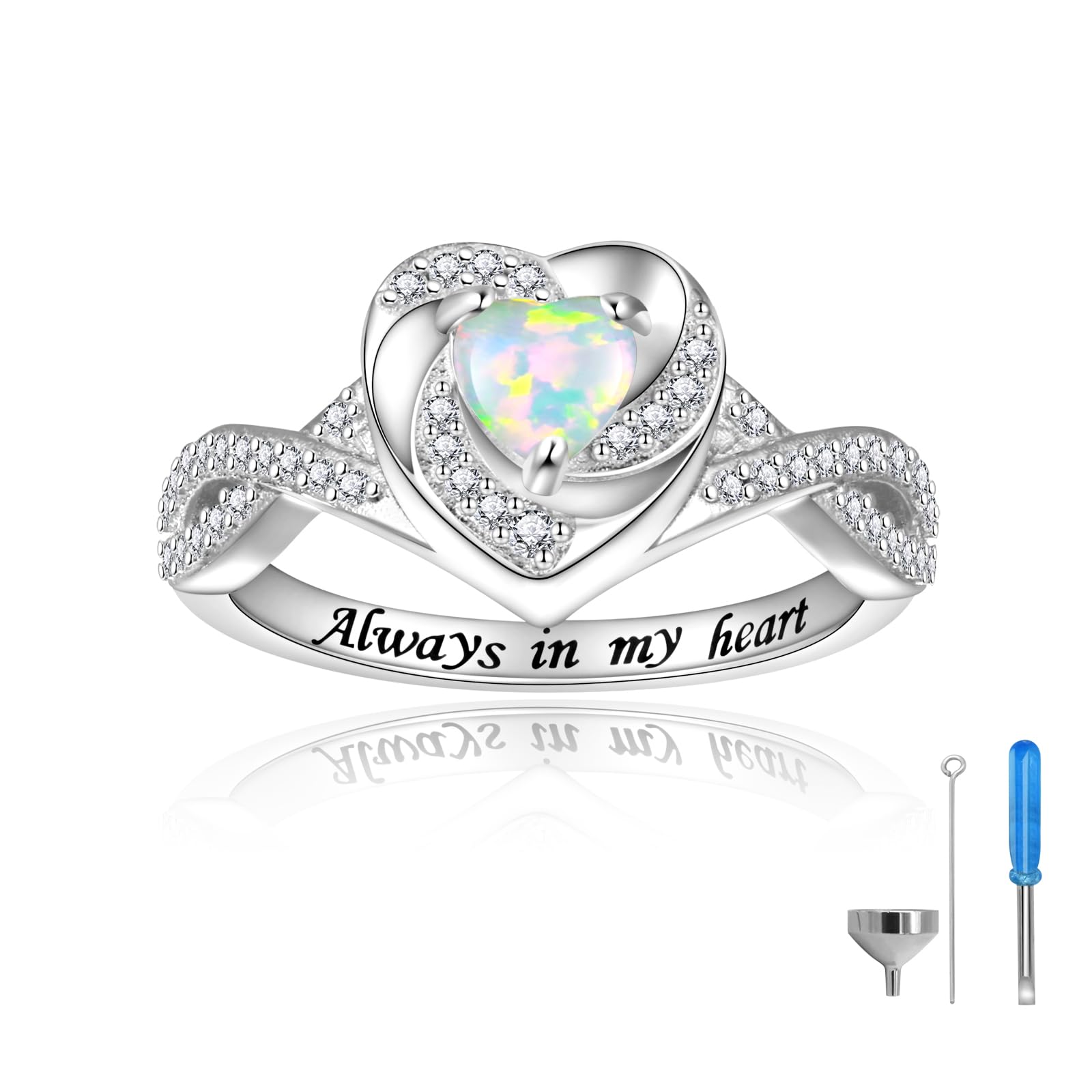 Heart Cremation Ring for Ashes - 925 Sterling Silver Opal Urn Keepake Rings Memorial Jewelry for Women (White, 9)