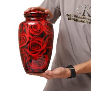 Bhartiya Handicrafts Red Rose Cremation Urn for Human Ashes - Suitable for Male & Female Adult Memorial urn, Urns for Ashes Adult Female for Home or Burial - Remains up to 200 lbs (Design 9)