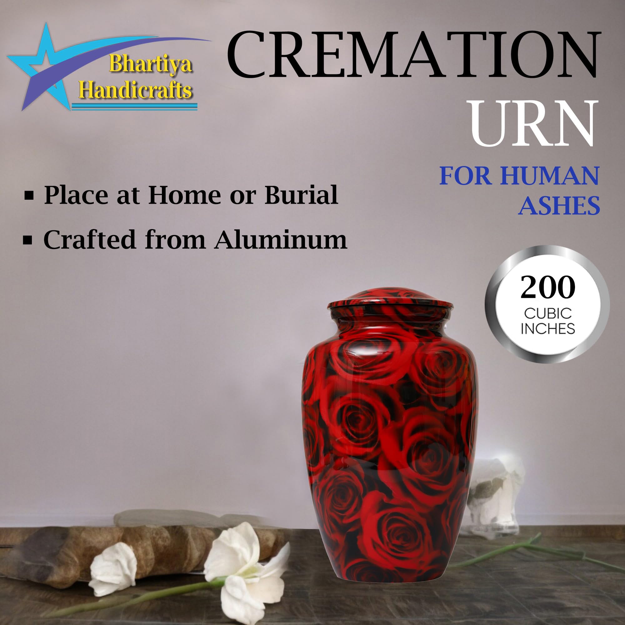 Bhartiya Handicrafts Red Rose Cremation Urn for Human Ashes - Suitable for Male & Female Adult Memorial urn, Urns for Ashes Adult Female for Home or Burial - Remains up to 200 lbs (Design 9)