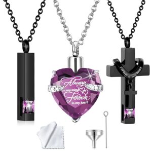 weikui 3 Pieces Heart Cross Cubic Urn Necklace for Ashes for Men Women Cremation Jewelry Crystal Memorial Locket Ashes Pendant Family Keepsake Sharing Jewelry Set (3 Black Pendants - Purple)