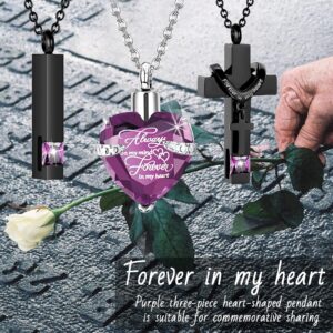 weikui 3 Pieces Heart Cross Cubic Urn Necklace for Ashes for Men Women Cremation Jewelry Crystal Memorial Locket Ashes Pendant Family Keepsake Sharing Jewelry Set (3 Black Pendants - Purple)