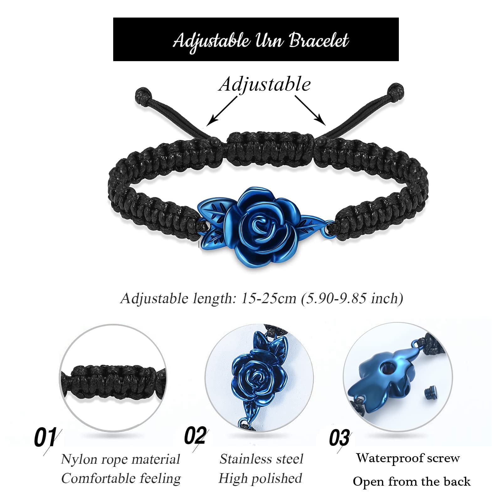 Cremation Jewelry Rose Flower Charm Ashes Bracelet for Women Girls - Handmade Braid Keepsake Bracelet Memorial Urn Bangle Ashes Holder Adjustable Length