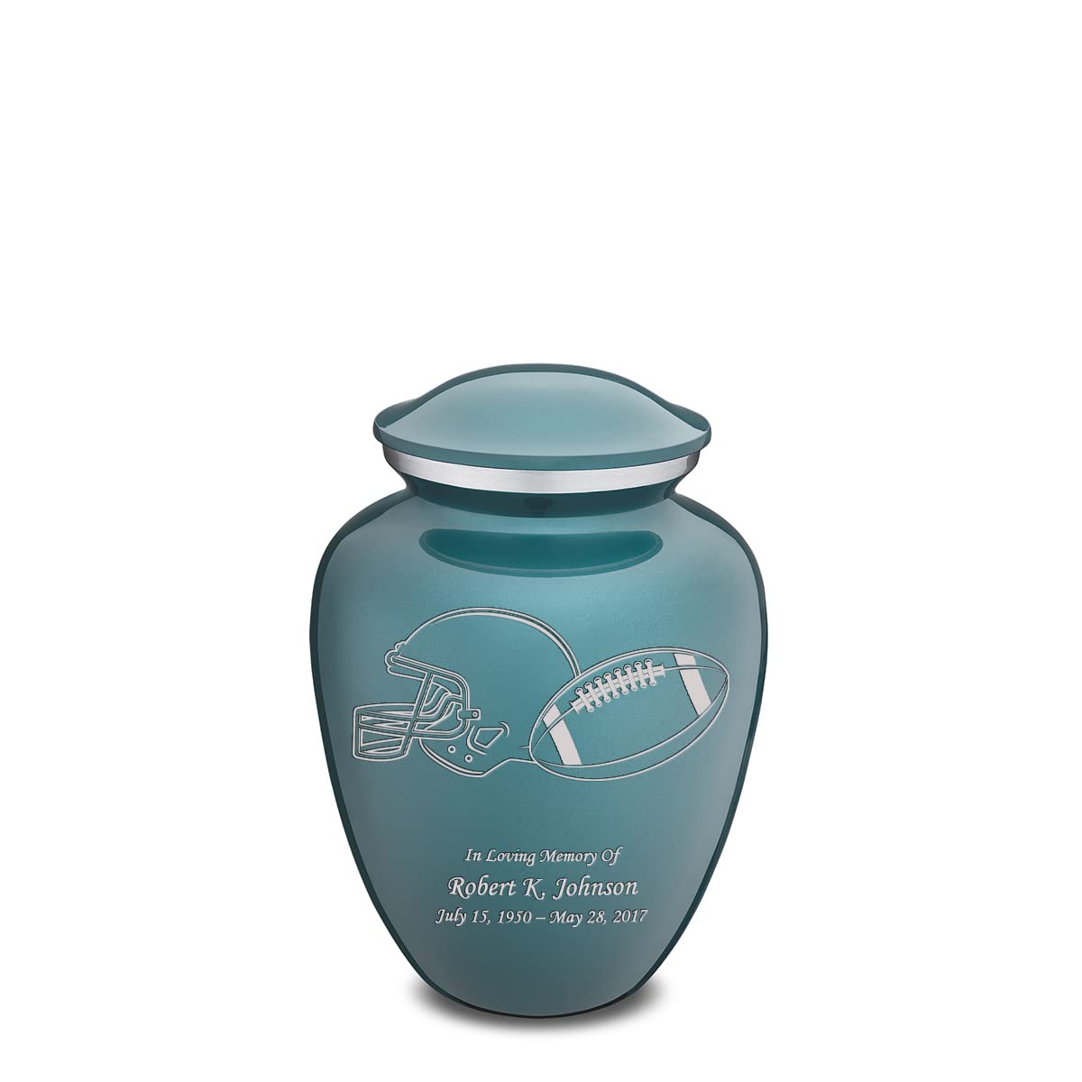 GetUrns Embrace Personalized Football Medium Cremation Urn with Custom Text Engraving for Human Ashes for Funeral, Burial, Niche or Columbarium – 44 Cubic Inches – Small Urns for Ashes (Teal)