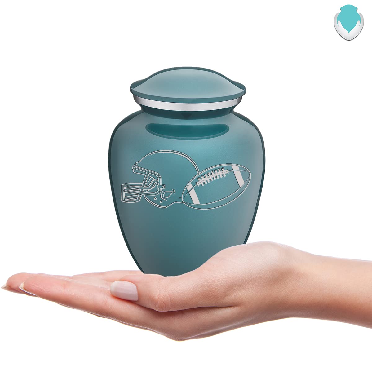 GetUrns Embrace Personalized Football Medium Cremation Urn with Custom Text Engraving for Human Ashes for Funeral, Burial, Niche or Columbarium – 44 Cubic Inches – Small Urns for Ashes (Teal)