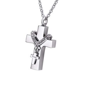 MEMORIALU Cross Urn Necklaces for Ashes Cremation Crucifix Keepsake Memorial Men Stainless Steel Pendant Necklace for Grandpa