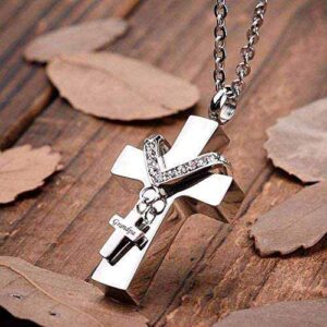 MEMORIALU Cross Urn Necklaces for Ashes Cremation Crucifix Keepsake Memorial Men Stainless Steel Pendant Necklace for Grandpa