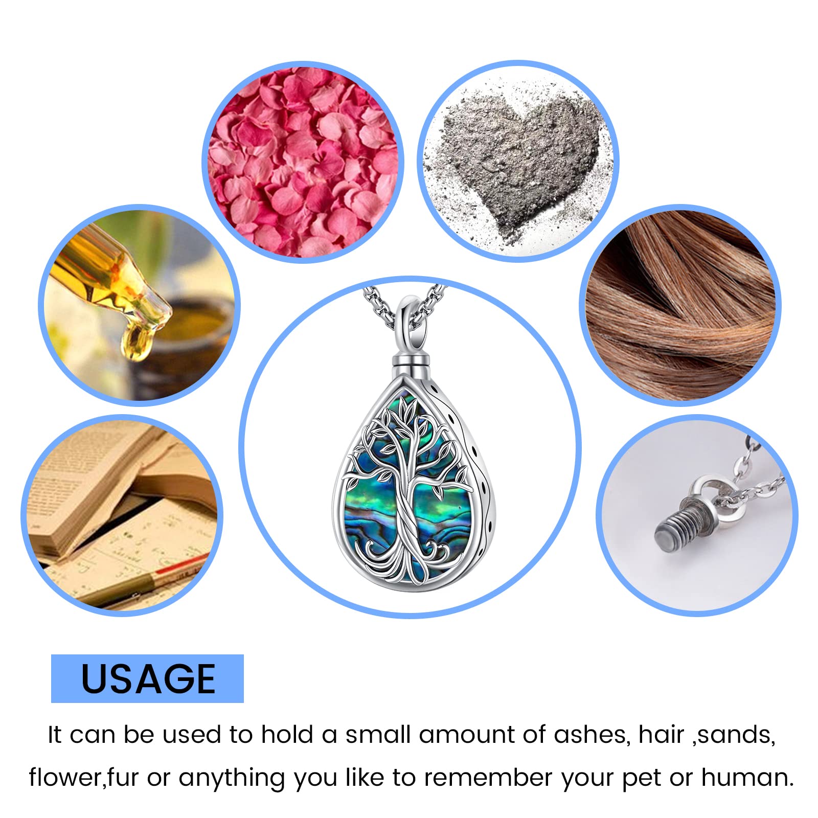 Eusense cremation jewelry tree of life Urn Necklace for human ashes of loved ones women men memorial Pendant Sterling Silver 925 keepsake earn lockets to put ashes in teardrop