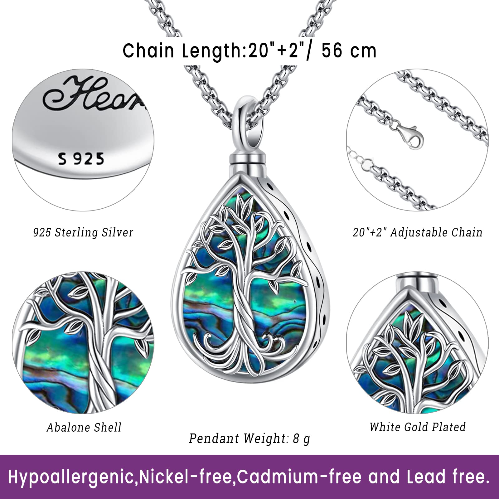 Eusense cremation jewelry tree of life Urn Necklace for human ashes of loved ones women men memorial Pendant Sterling Silver 925 keepsake earn lockets to put ashes in teardrop