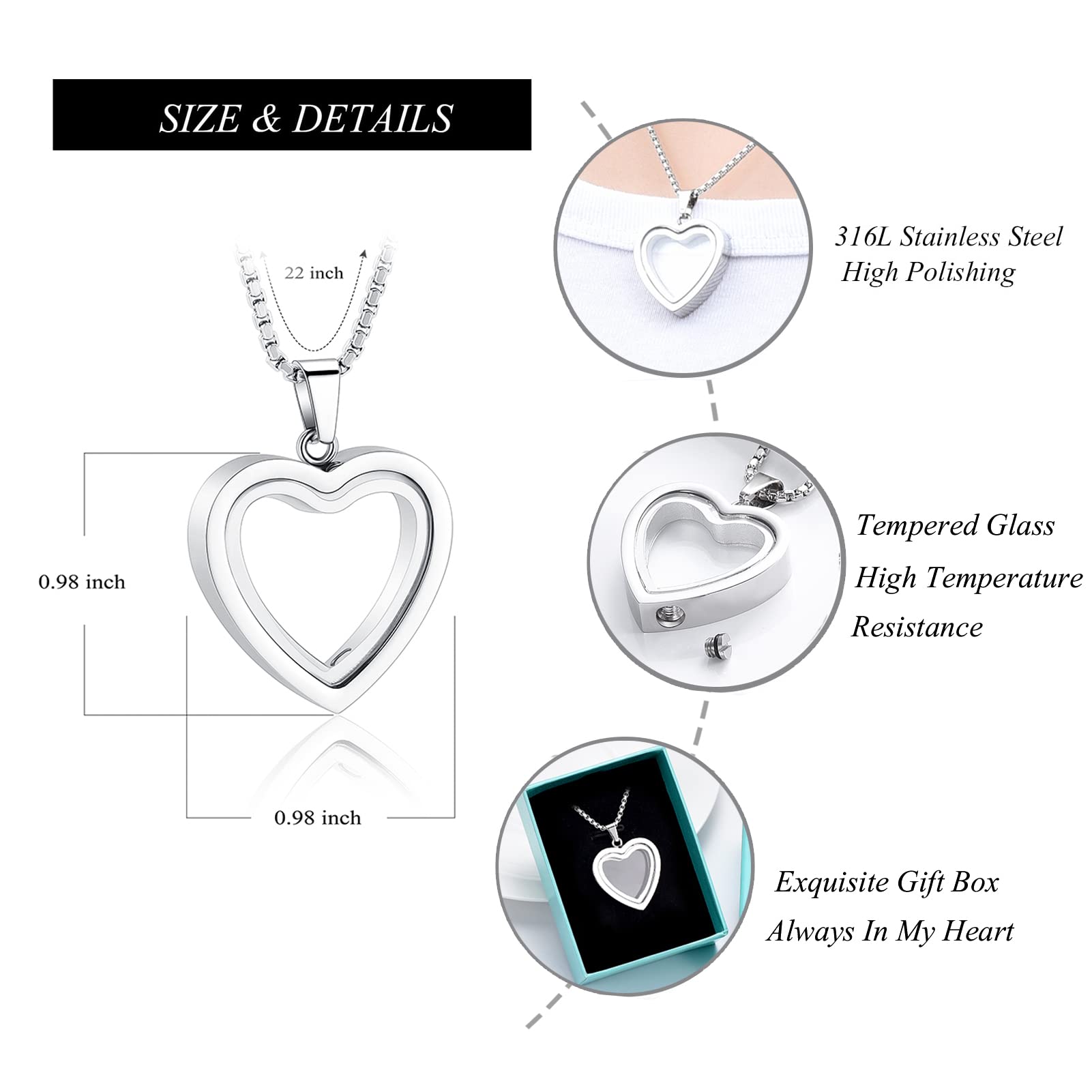 zeqingjw Glass Cremation Jewelry Necklace for Ashes Heart Memorial Lockets for Ashes Stainless Steel Keepsake Urn Ashes Pendants