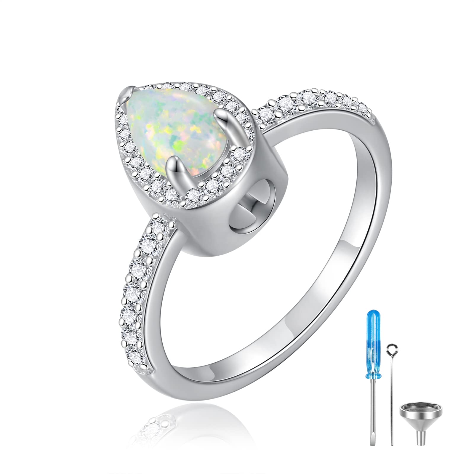 Sterling Silver Urn Ring for Ashes: Women Teardrop Opal Ash Ring Cubic Zirconia Memorial Cremation Jewelry Bereavement Keepsakes Gift for Loss of a Loved One (Size 8)