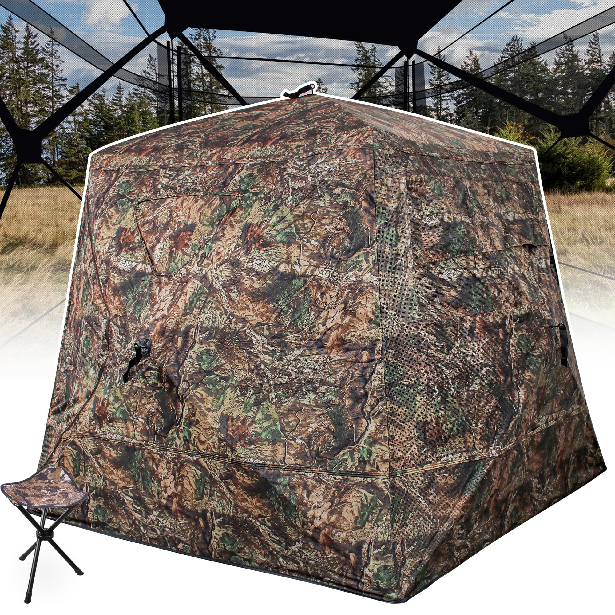 T-Shape Hunting Blind 2-3 Person with Tri-Leg Hunting Stool, 270 Degree See Through Pop up Ground Blinds for Deer Turkey Duck Hunting, Bow Hunting Adjust Windows with Silent Zipper