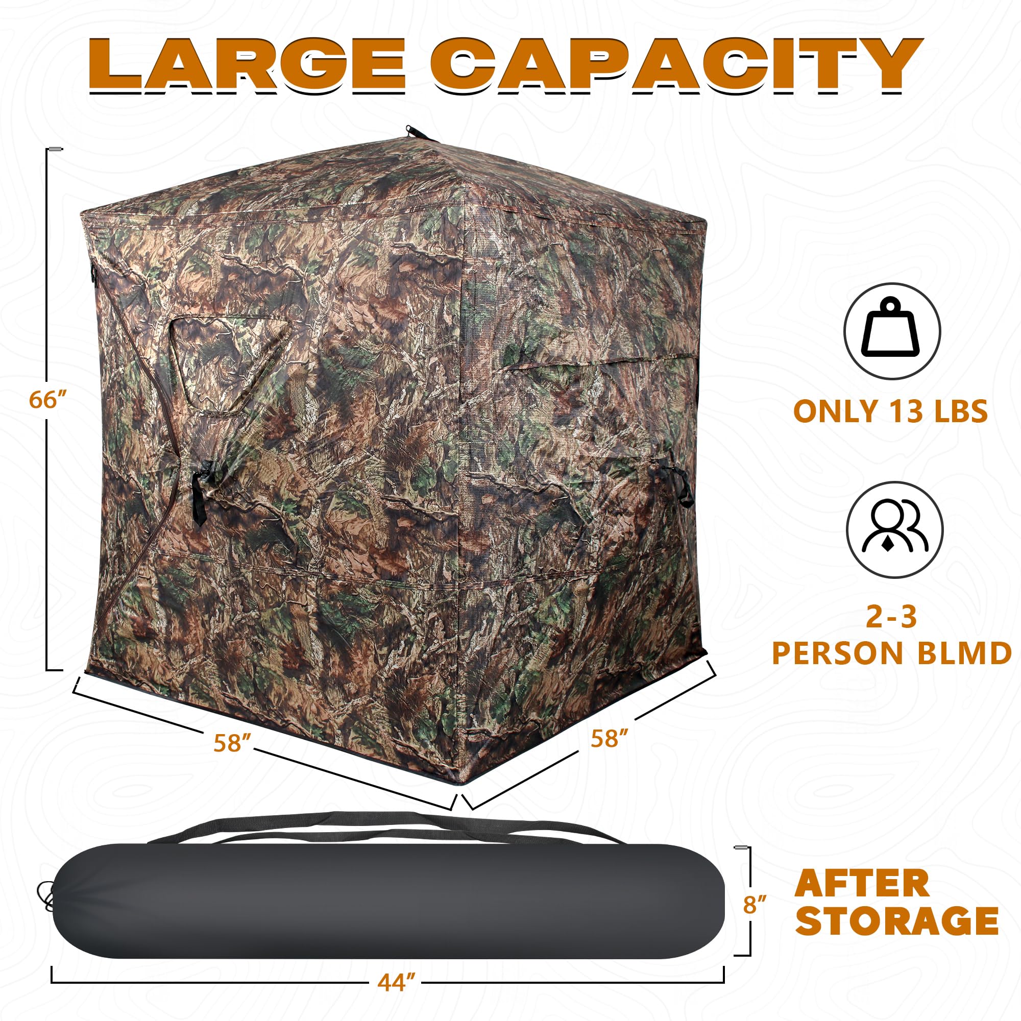 HUNT MONSTER Hunting Blind 1-3 Person with Tri-Leg Hunting Stool, 270 Degree See Through Pop up Ground Blinds for Deer Turkey Duck Hunting, Bow Hunting Adjust Windows with Silent Zipper(CAMO 2)