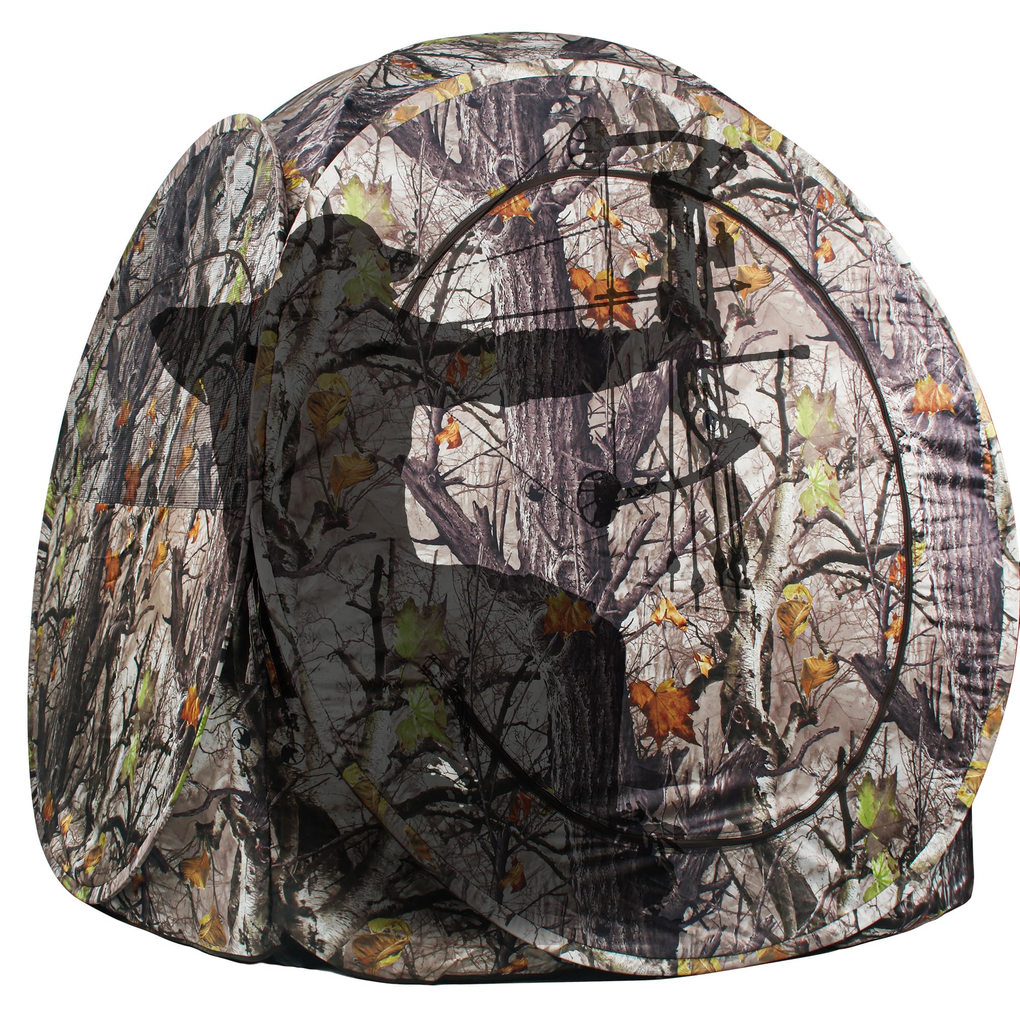 Hunting Blind 1 Person, 270 Degree See Through Pop up Ground Blinds for Deer Turkey Duck Hunting, Bow Hunting Accessories, Double Side Zipper Window(Camouflage-White)