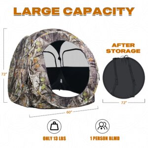 Hunting Blind 1 Person, 270 Degree See Through Pop up Ground Blinds for Deer Turkey Duck Hunting, Bow Hunting Accessories, Double Side Zipper Window(Camouflage-White)