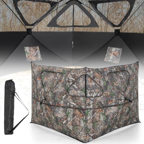 GYMAX Hunting Blind, 2-Panel See Through Pop Up 2-3 Persons Camouflage Deer Blind with Windows & Carrying Bag, Portable Folding Outdoor Ground Blind for Deer Turkey Hunting Gear Accessories