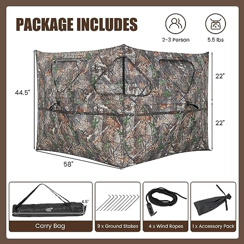 GYMAX Hunting Blind, 2-Panel See Through Pop Up 2-3 Persons Camouflage Deer Blind with Windows & Carrying Bag, Portable Folding Outdoor Ground Blind for Deer Turkey Hunting Gear Accessories