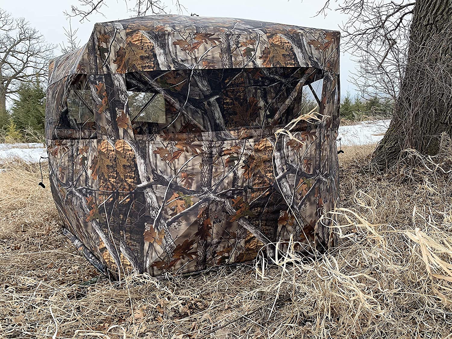 THUNDERBAY Gobbler Lodge 5-Side Hunting Blind, 4 Person Ground Blind for Deer Hunting, 300D Oxford Fabric Deer Blind, JX Hardwood Camo Pattern