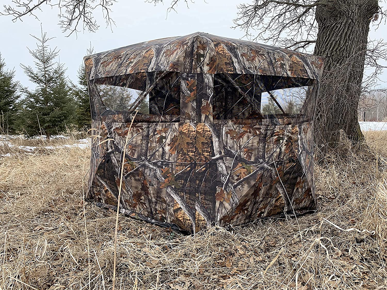 THUNDERBAY Gobbler Lodge 5-Side Hunting Blind, 4 Person Ground Blind for Deer Hunting, 300D Oxford Fabric Deer Blind, JX Hardwood Camo Pattern