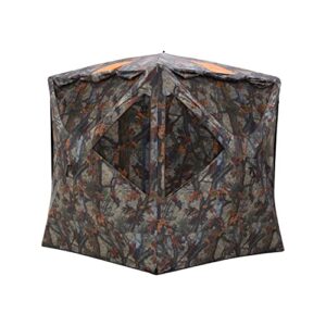 Tag Out Hub Hunting Blind, 3 Person Pop Up Ground Blind, Bloodtrail Woodland Camo and blaze orange safety panels, TA350BT, By Barronett Blinds, 90x90"