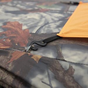 Tag Out Hub Hunting Blind, 3 Person Pop Up Ground Blind, Bloodtrail Woodland Camo and blaze orange safety panels, TA350BT, By Barronett Blinds, 90x90"