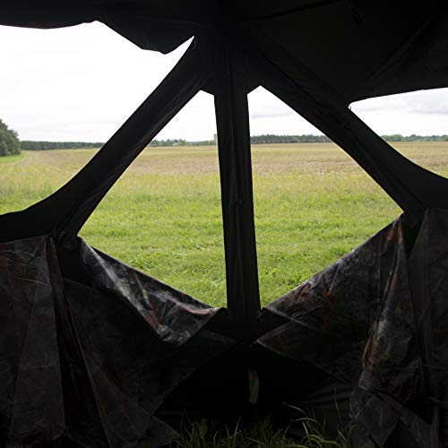 Tag Out Hub Hunting Blind, 3 Person Pop Up Ground Blind, Bloodtrail Woodland Camo and blaze orange safety panels, TA350BT, By Barronett Blinds, 90x90"