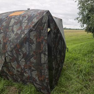 Tag Out Hub Hunting Blind, 3 Person Pop Up Ground Blind, Bloodtrail Woodland Camo and blaze orange safety panels, TA350BT, By Barronett Blinds, 90x90"