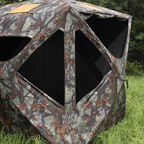 Tag Out Hub Hunting Blind, 3 Person Pop Up Ground Blind, Bloodtrail Woodland Camo and blaze orange safety panels, TA350BT, By Barronett Blinds, 90x90"