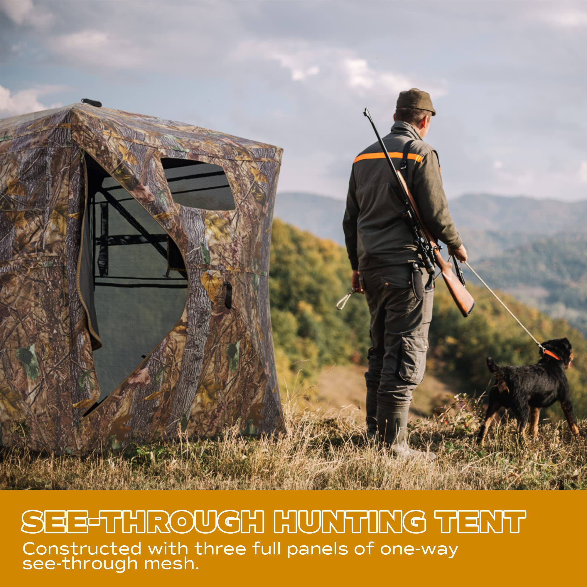 RPNB One-Way 270 Degree See Through Hunting Blind, 2-3 Person Portable Pop-Up Ground Blinds with Carrying Bag, Noise-Free Sturdy Camouflage Hunting Tent for Deer & Turkey Hunting