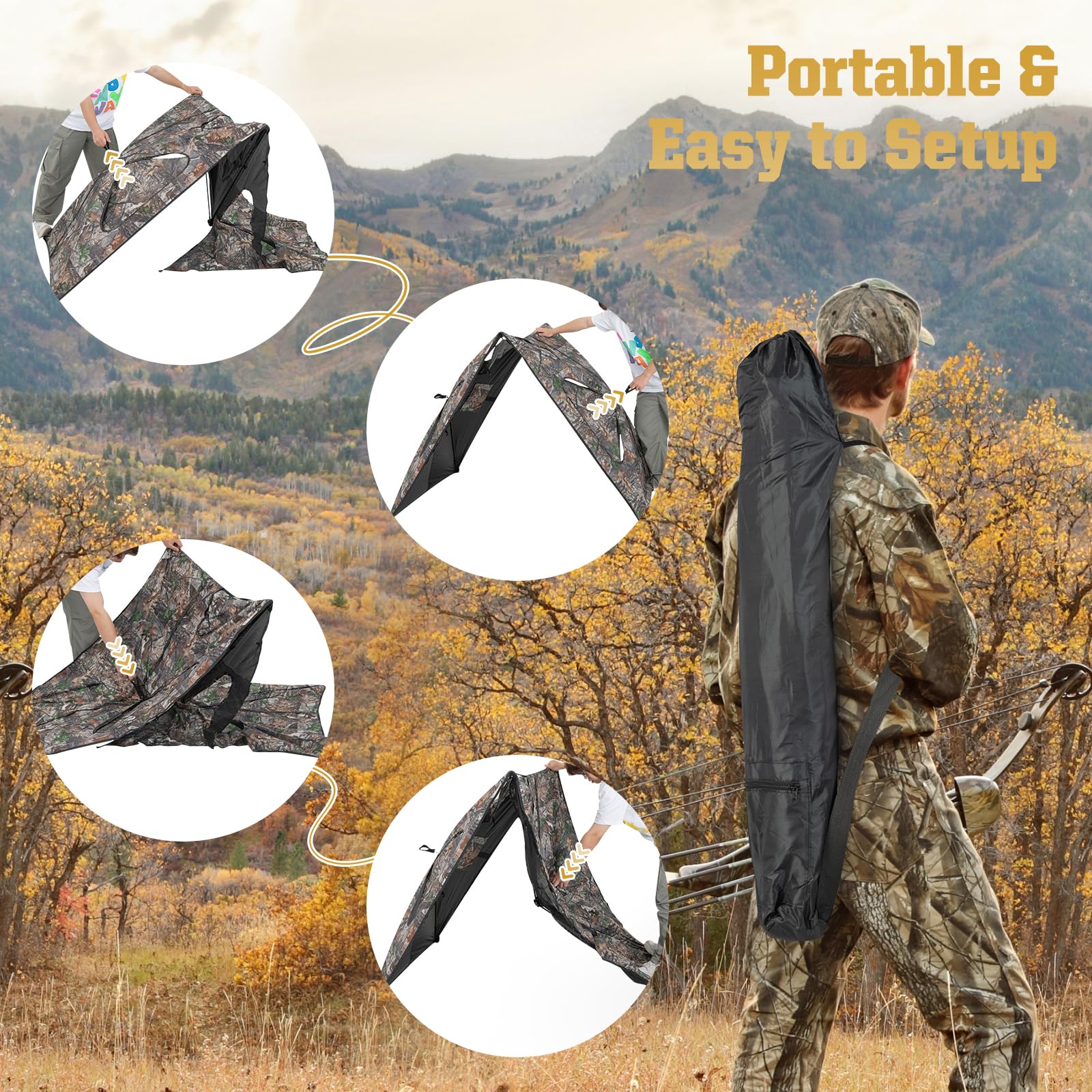 Tangkula 2-Panel Stakeout Hunting Blind, See Through Ground Blind with 3 Shoot Through Ports & 2 Storage Pockets, Portable Pop Up Deer Blind with Carrying Bag for Turkey & Deer Hunting (2-Panel)