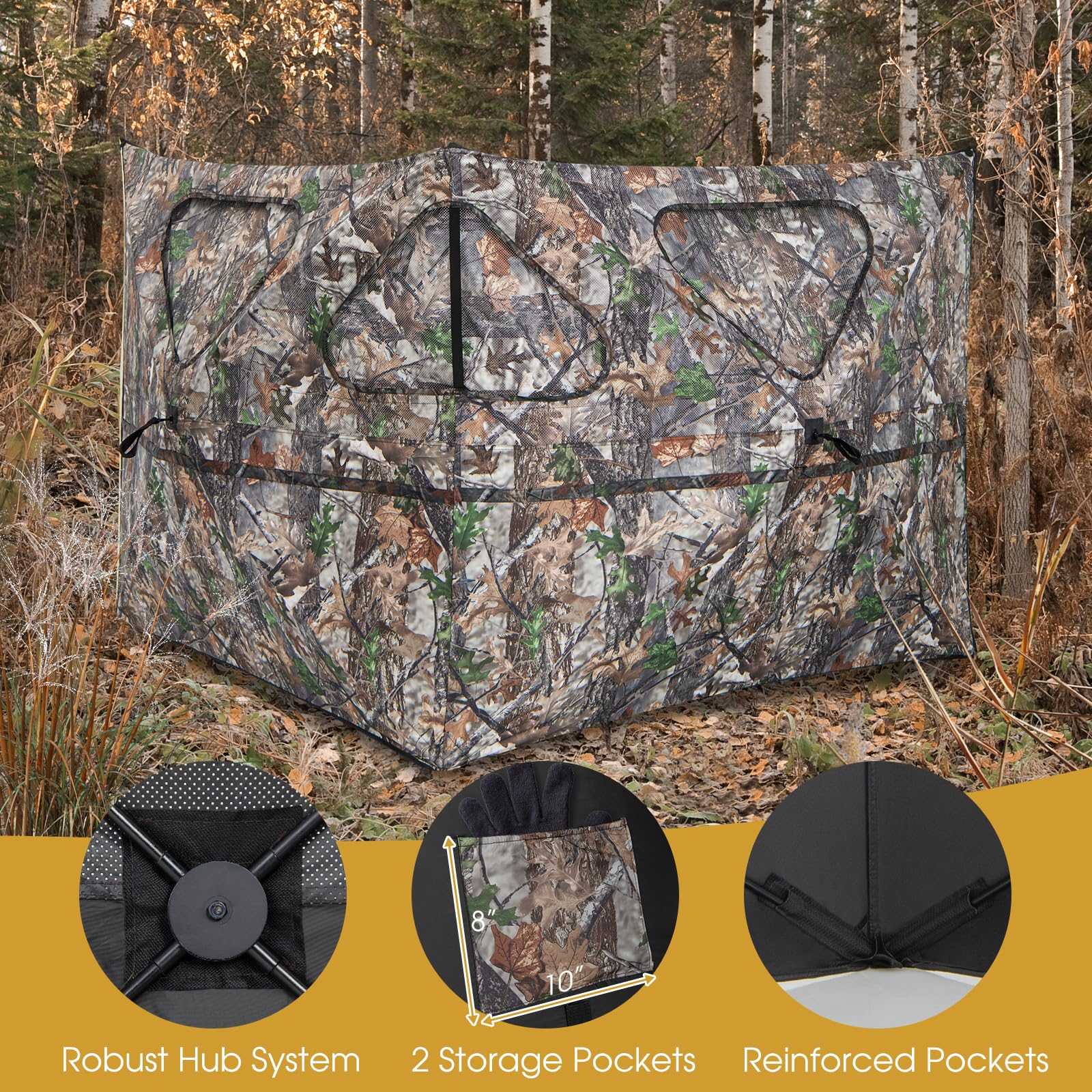 Tangkula 2-Panel Stakeout Hunting Blind, See Through Ground Blind with 3 Shoot Through Ports & 2 Storage Pockets, Portable Pop Up Deer Blind with Carrying Bag for Turkey & Deer Hunting (2-Panel)