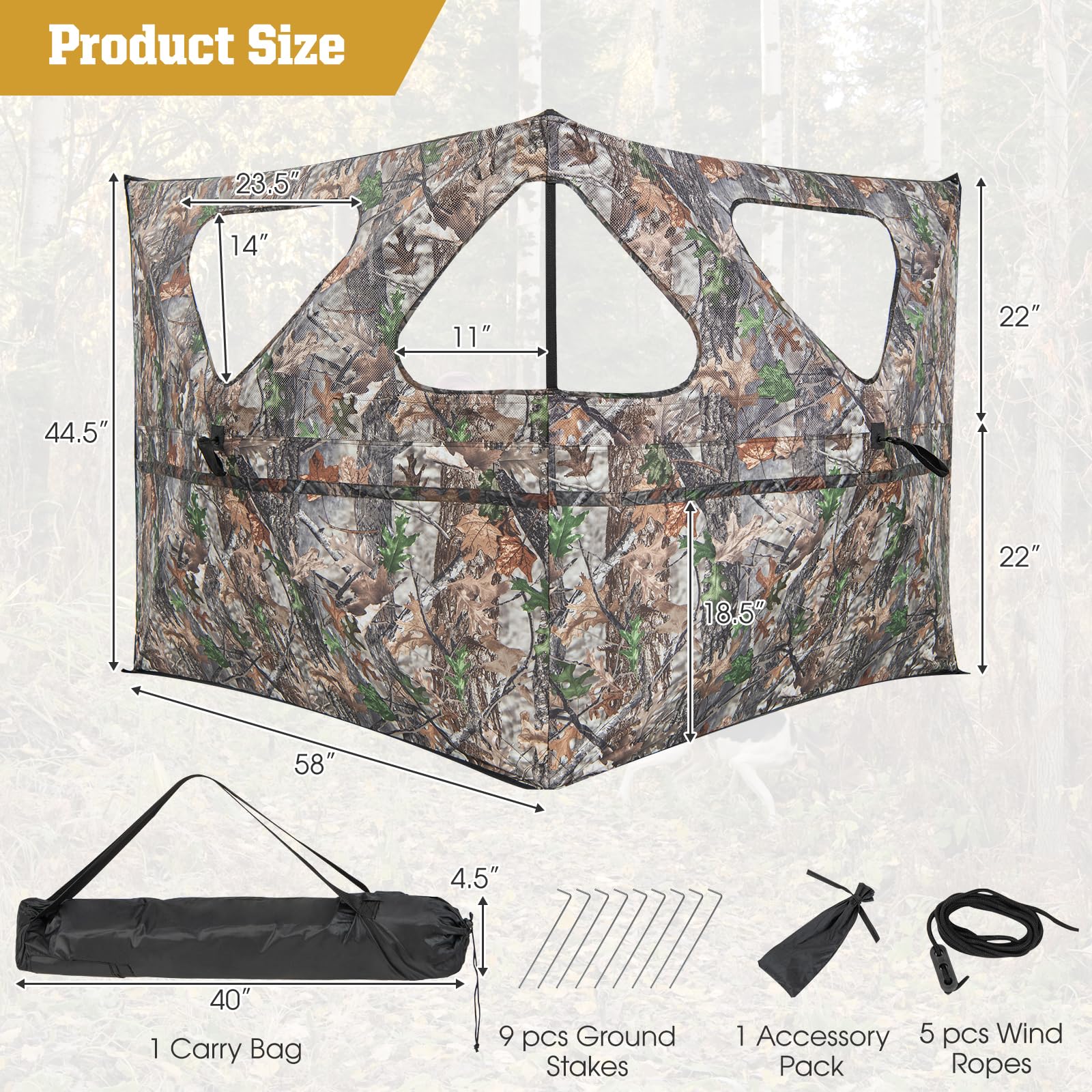 Tangkula 2-Panel Stakeout Hunting Blind, See Through Ground Blind with 3 Shoot Through Ports & 2 Storage Pockets, Portable Pop Up Deer Blind with Carrying Bag for Turkey & Deer Hunting (2-Panel)