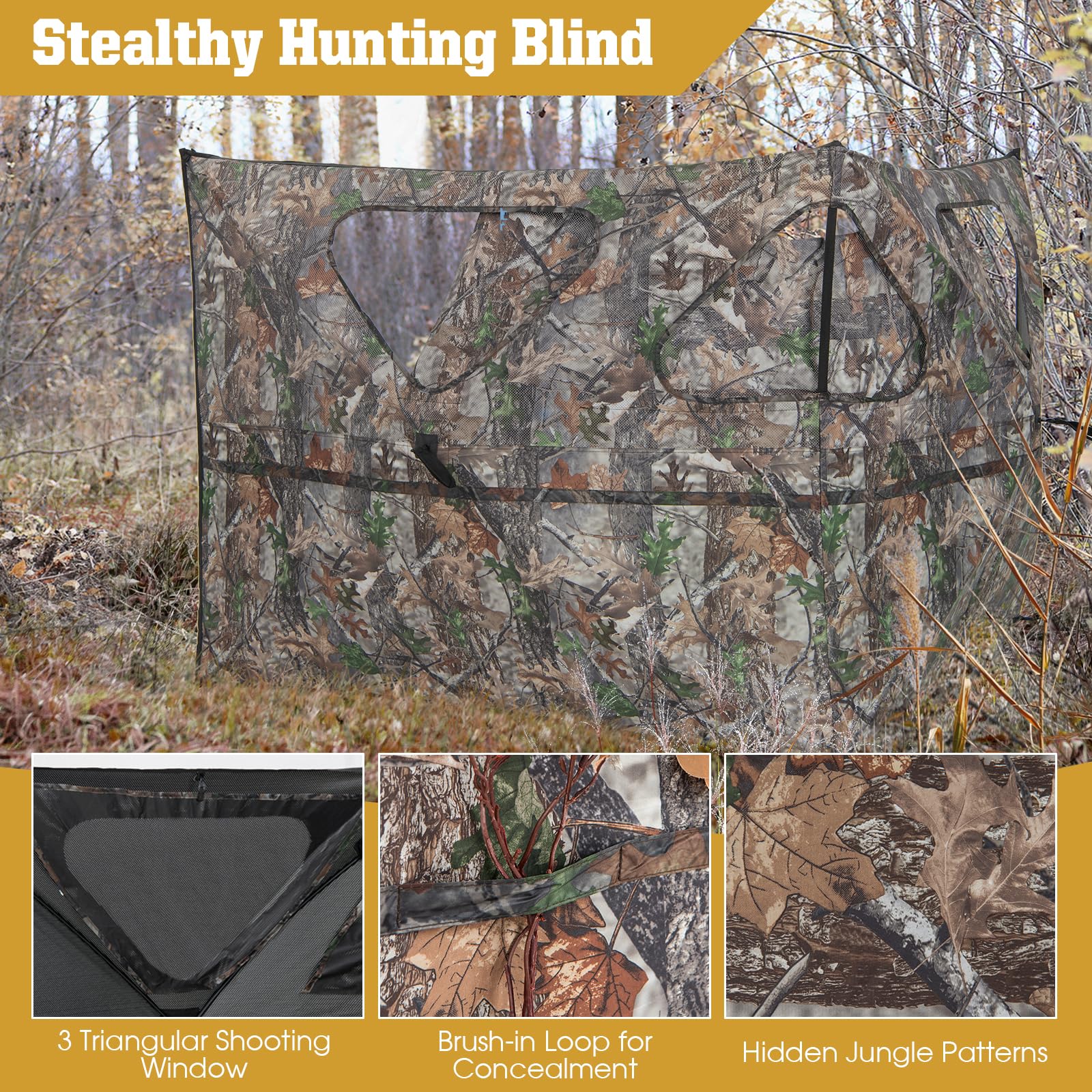 Tangkula 2-Panel Stakeout Hunting Blind, See Through Ground Blind with 3 Shoot Through Ports & 2 Storage Pockets, Portable Pop Up Deer Blind with Carrying Bag for Turkey & Deer Hunting (2-Panel)