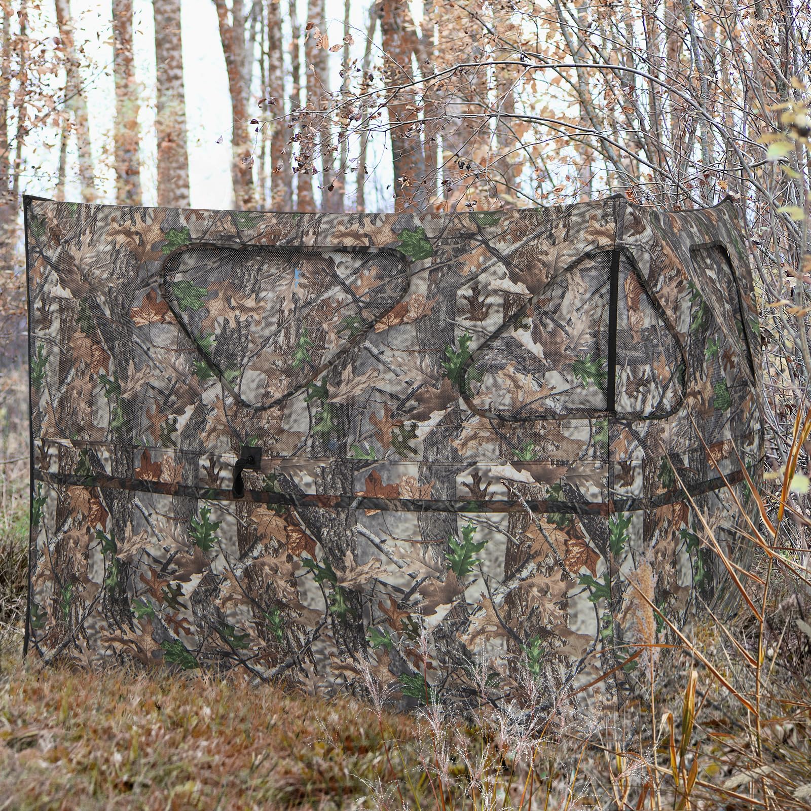 Tangkula 2-Panel Stakeout Hunting Blind, See Through Ground Blind with 3 Shoot Through Ports & 2 Storage Pockets, Portable Pop Up Deer Blind with Carrying Bag for Turkey & Deer Hunting (2-Panel)