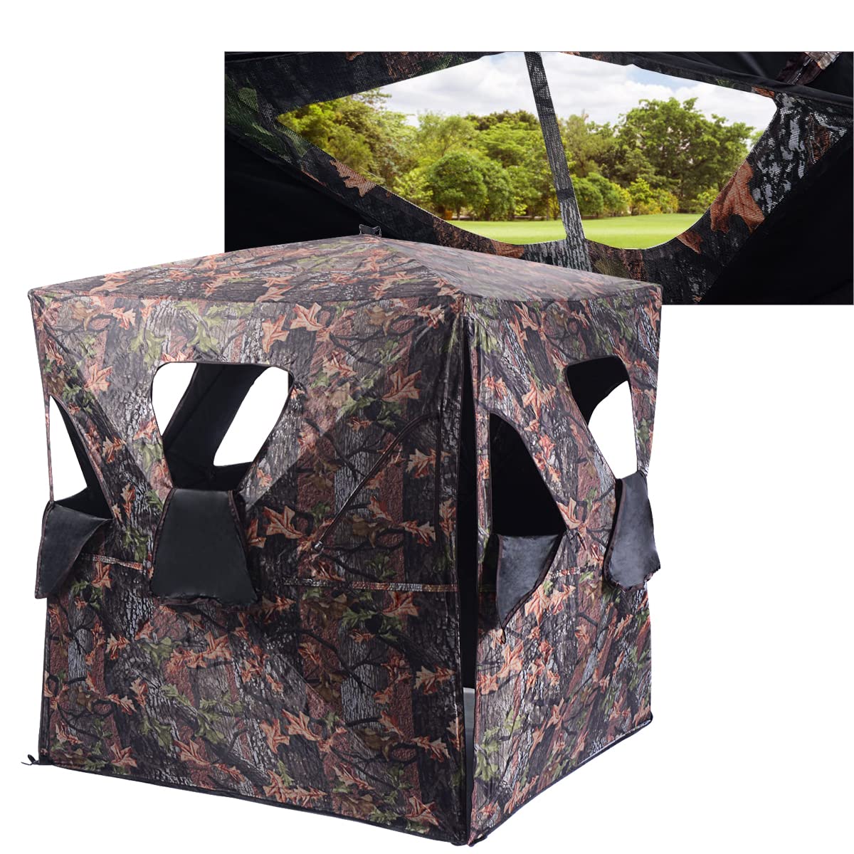 GYMAX Hunting Blind, 2-3 People Pop Up Ground Blind Tent, 360 Degree See Through for Deer,Turkey, Portable Durable Hunting Tent with Mesh Window, Hub System & Carry Bag, Camo Ground Blinds