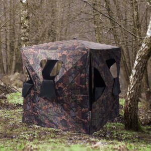 GYMAX Hunting Blind, 2-3 People Pop Up Ground Blind Tent, 360 Degree See Through for Deer,Turkey, Portable Durable Hunting Tent with Mesh Window, Hub System & Carry Bag, Camo Ground Blinds