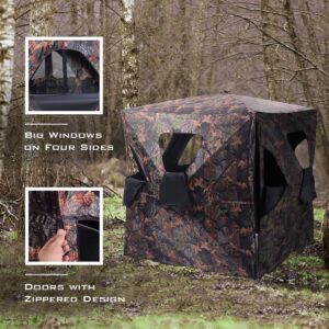 GYMAX Hunting Blind, 2-3 People Pop Up Ground Blind Tent, 360 Degree See Through for Deer,Turkey, Portable Durable Hunting Tent with Mesh Window, Hub System & Carry Bag, Camo Ground Blinds