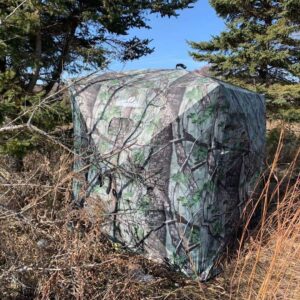 THUNDERBAY See Through Hunting Blind Combo with 2 Chairs, 3 Person Pop Up Ground Blinds 180 Degree, 300D Durable Hunting Tent for Deer & Turkey Hunting (Camouflage), Floor Space 62" x 62"