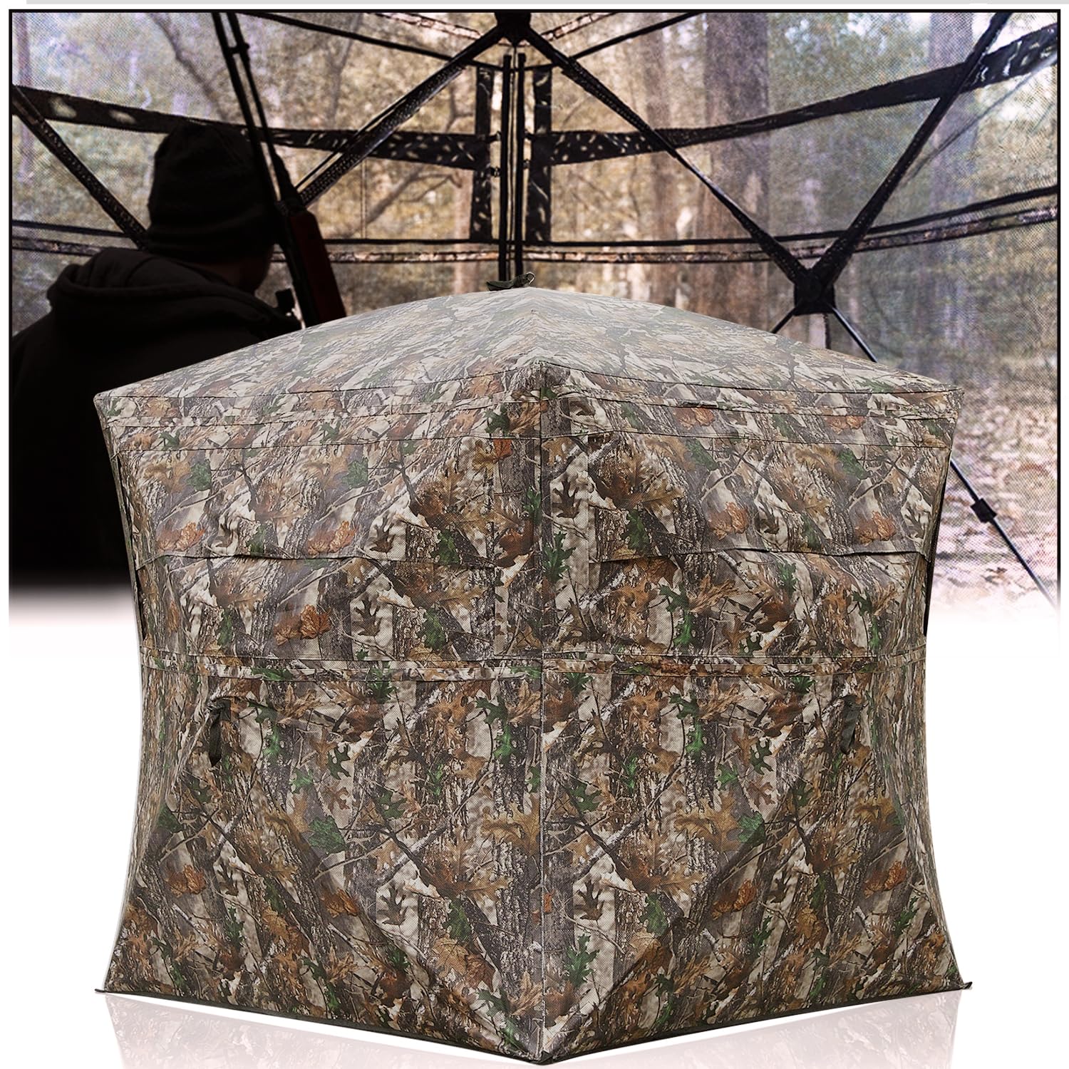 Your Choice Hunting Blind 3 Person 270 Degree See Through Ground Blinds with Orange Cap for Deer Hunting Turkey Hunting, Camo Deer Blind Turkey Blind Pop Up Hunting Tent, Hunting Gear