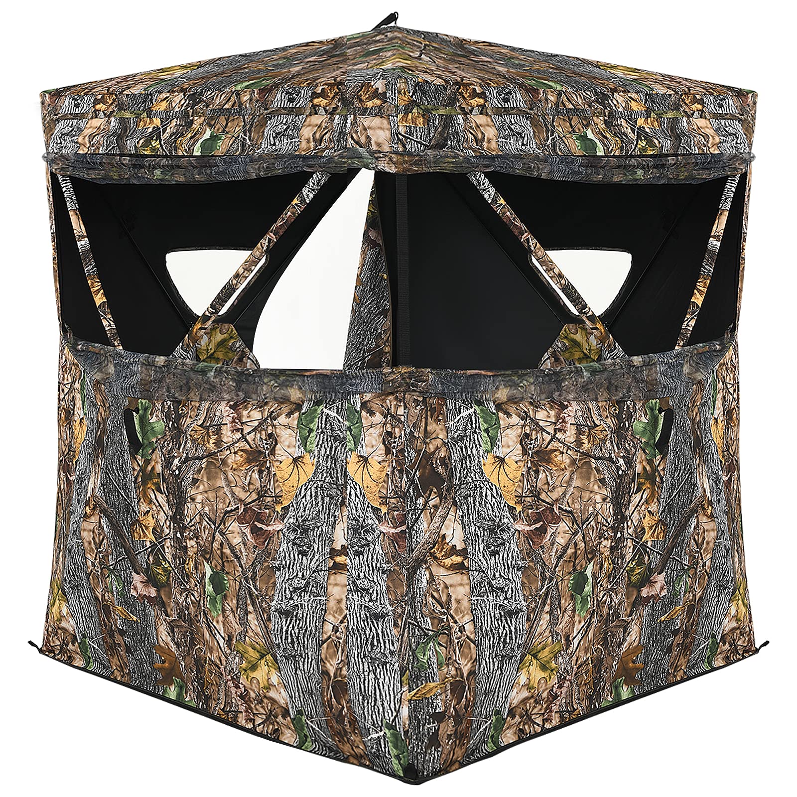 GYMAX Hunting Blind, 3 Person Pop Up See Through Silent Sliding Ground Blind with Hub System, Triangle Zipper Door & Carry Bag, Camouflage Mossy Backwoods Waterproof Deer Hunting Blind Tent