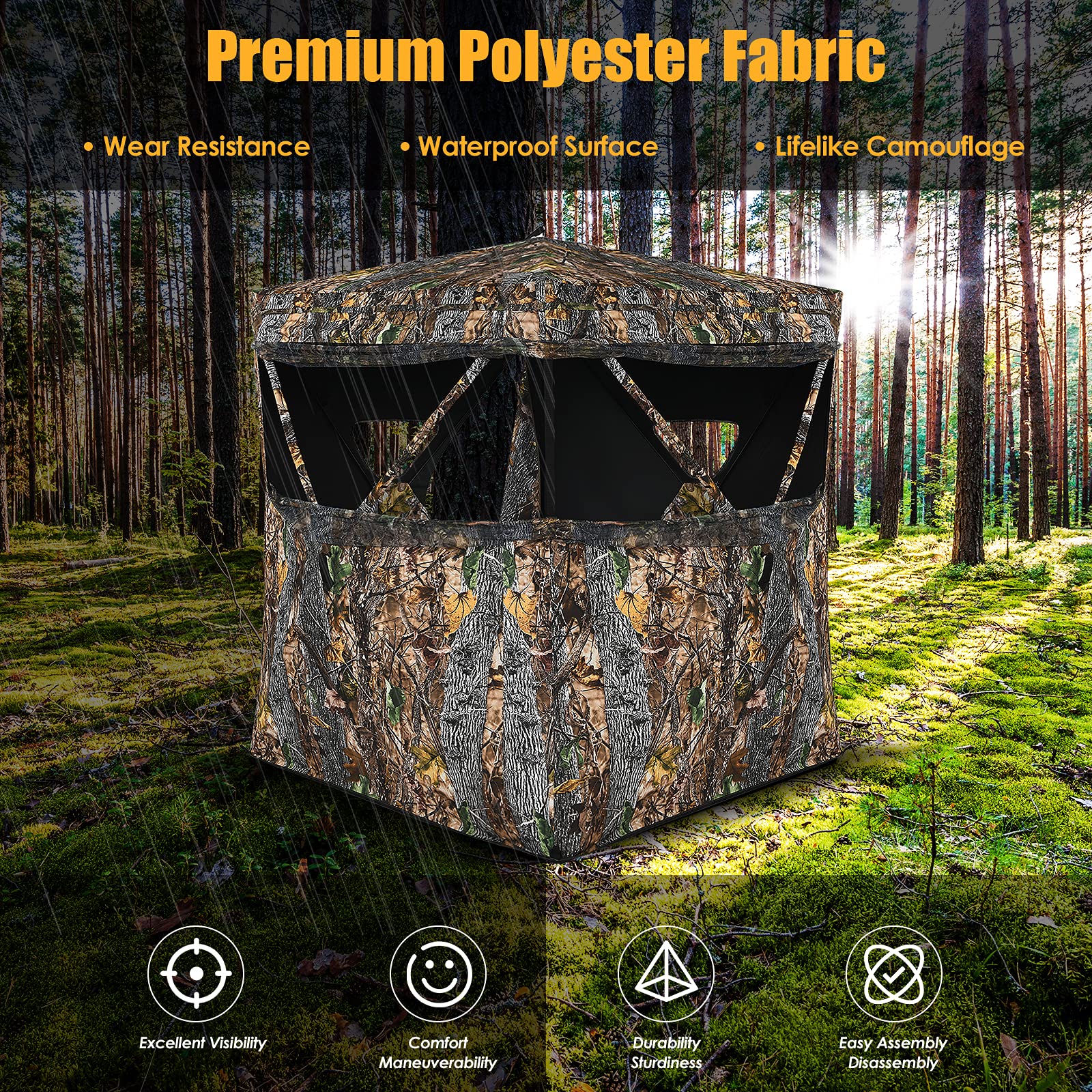 GYMAX Hunting Blind, 3 Person Pop Up See Through Silent Sliding Ground Blind with Hub System, Triangle Zipper Door & Carry Bag, Camouflage Mossy Backwoods Waterproof Deer Hunting Blind Tent