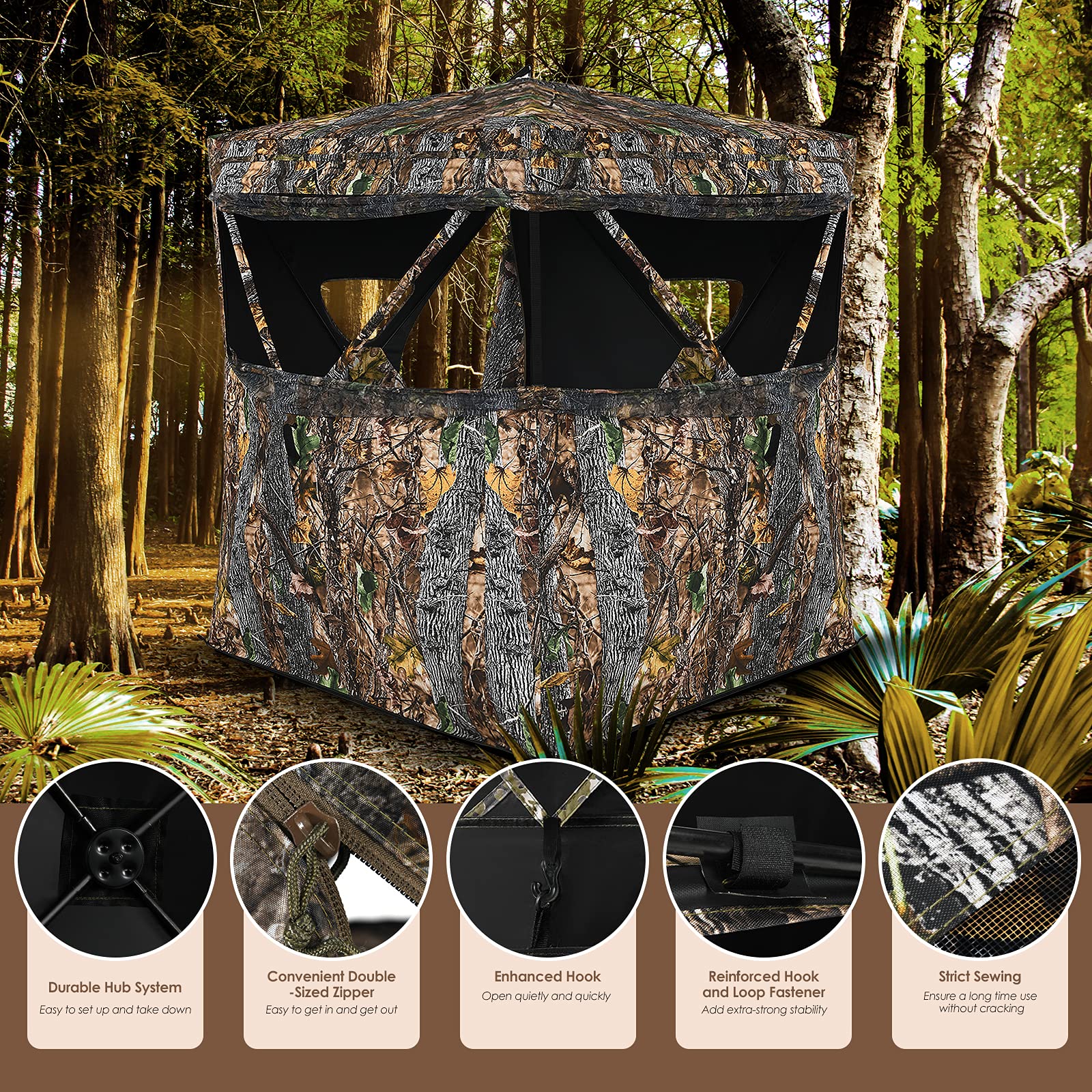 GYMAX Hunting Blind, 3 Person Pop Up See Through Silent Sliding Ground Blind with Hub System, Triangle Zipper Door & Carry Bag, Camouflage Mossy Backwoods Waterproof Deer Hunting Blind Tent